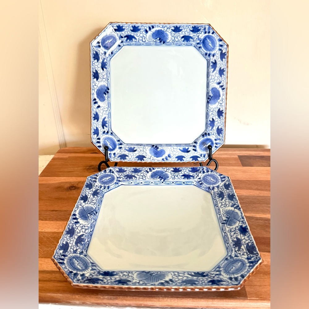 Rare extra-large octagonal Arita ware plates, Shobido, Kisen,blue/white SET/2